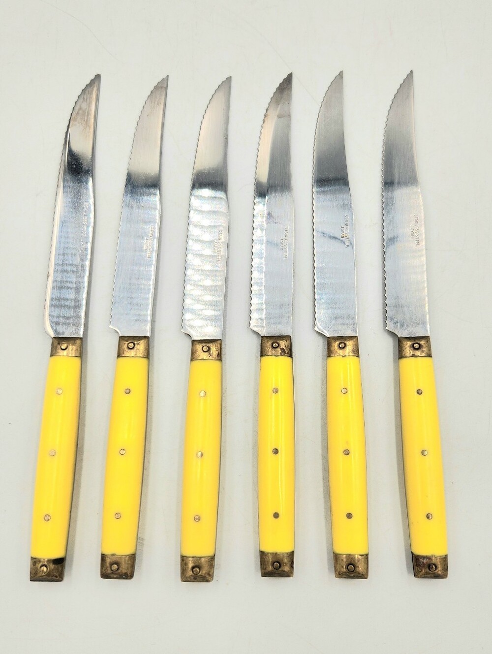 Vintage MCM Takahashi Steak Knife Set Of 6 Yellow Brass Stainless Steel Japan